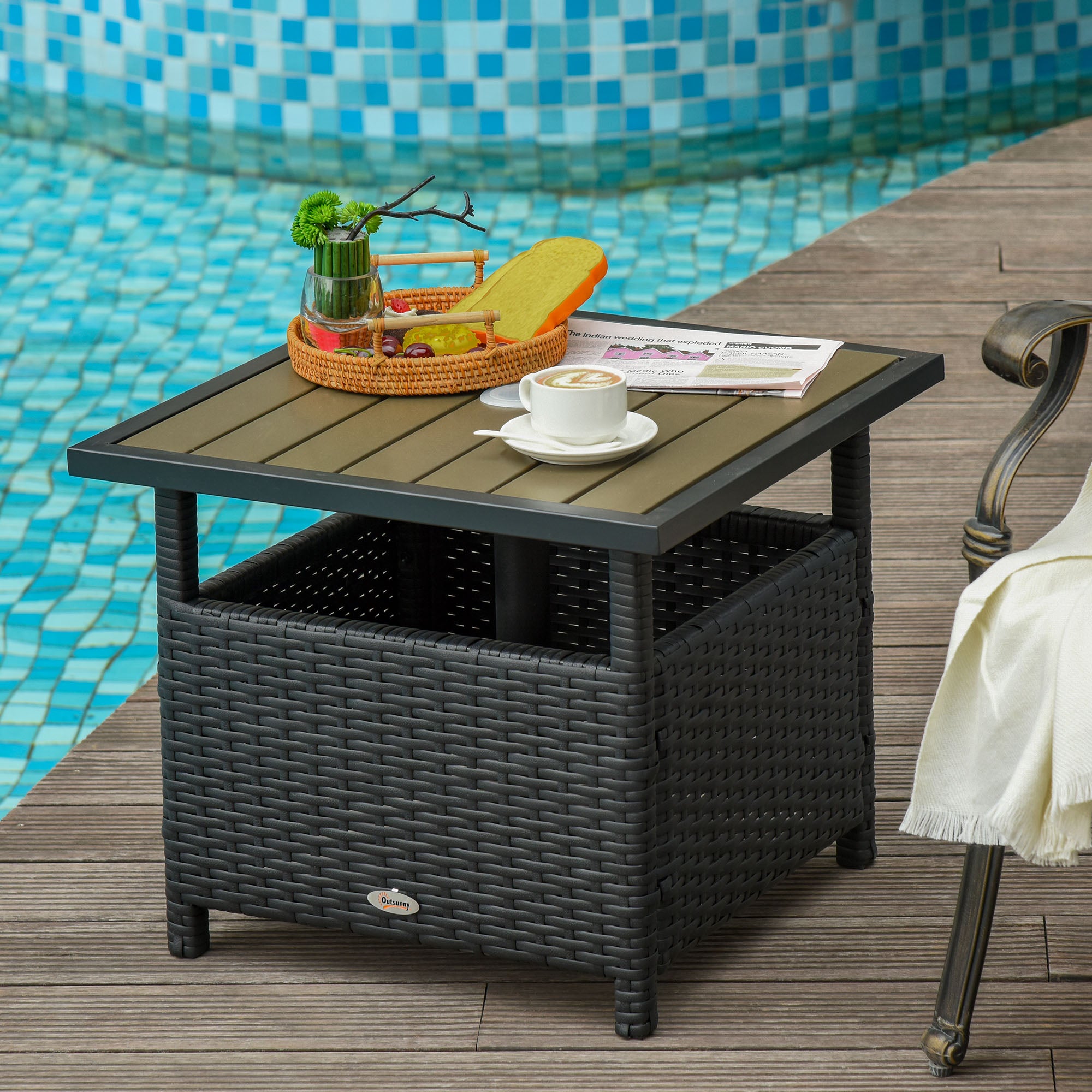22" Outdoor Side Table with Umbrella Hole, Rattan Wicker End Table with Sand Bag and Steel Frame for Patio, Garden, Backyard
