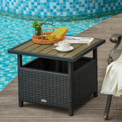 22" Outdoor Side Table with Umbrella Hole, Rattan Wicker End Table with Sand Bag and Steel Frame for Patio, Garden, Backyard