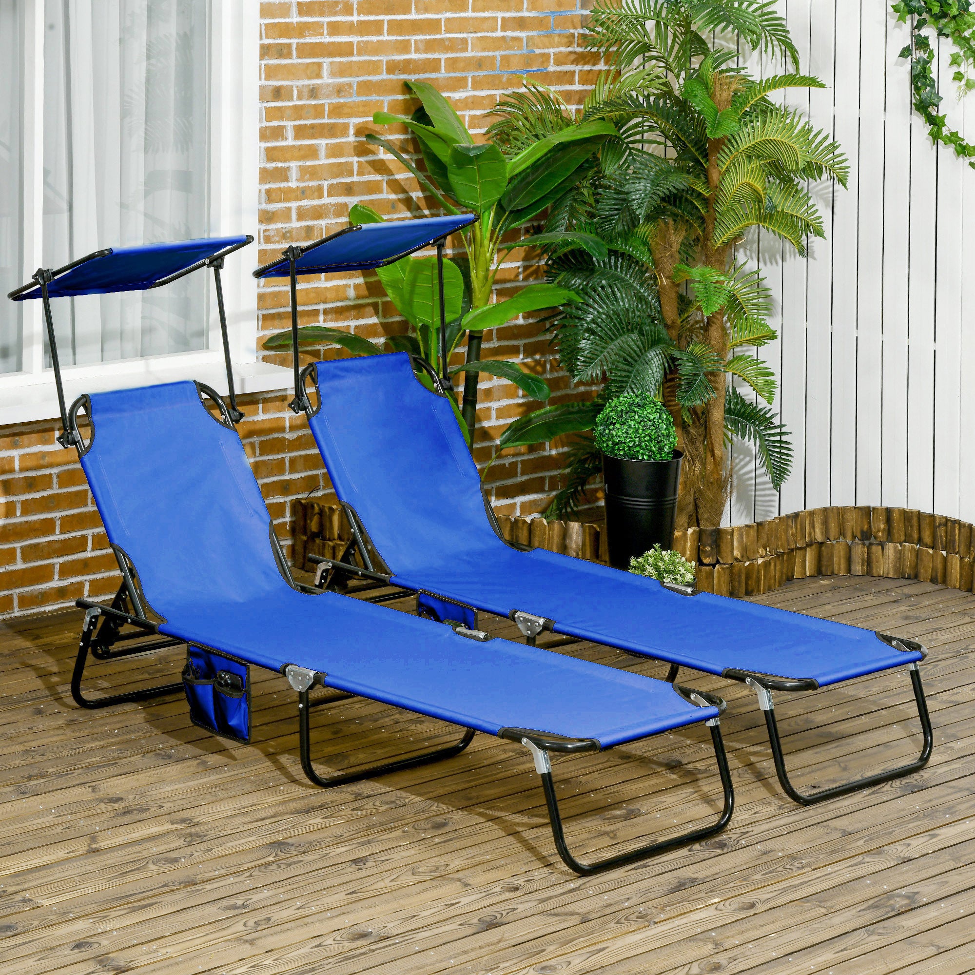 Chaise Pool Lounge Chairs Set of 2, Outdoor Sun Tanning Chairs, Reclining Back, Steel Frame and Side Pocket
