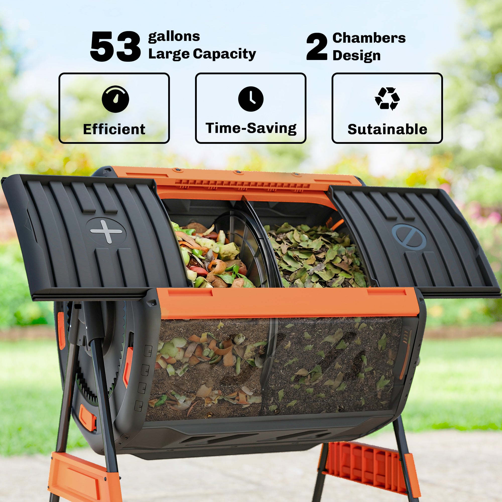 Compost Bin Outdoor, 53 Gal Dual Chamber Tumbling Composter with Adjustable Vents, BPA Free Tumbling Composter