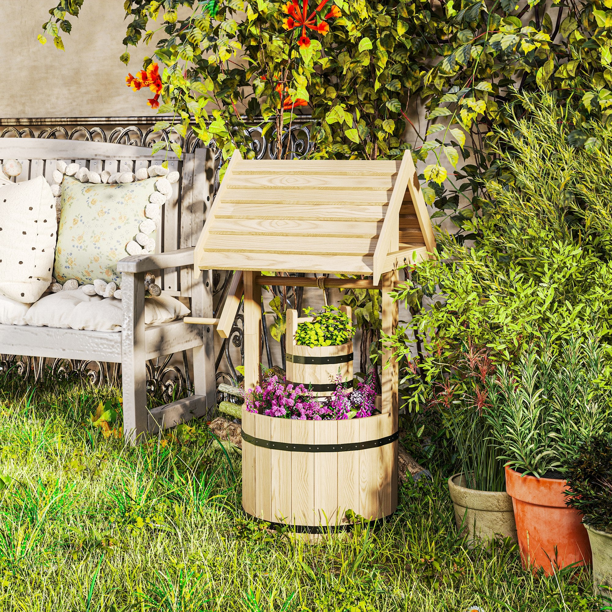 Wood Wishing Well for Outside with Hanging Bucket, Wishing Well Planter with Drain Hole for Garden Patio