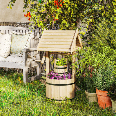 Wood Wishing Well for Outside with Hanging Bucket, Wishing Well Planter with Drain Hole for Garden Patio