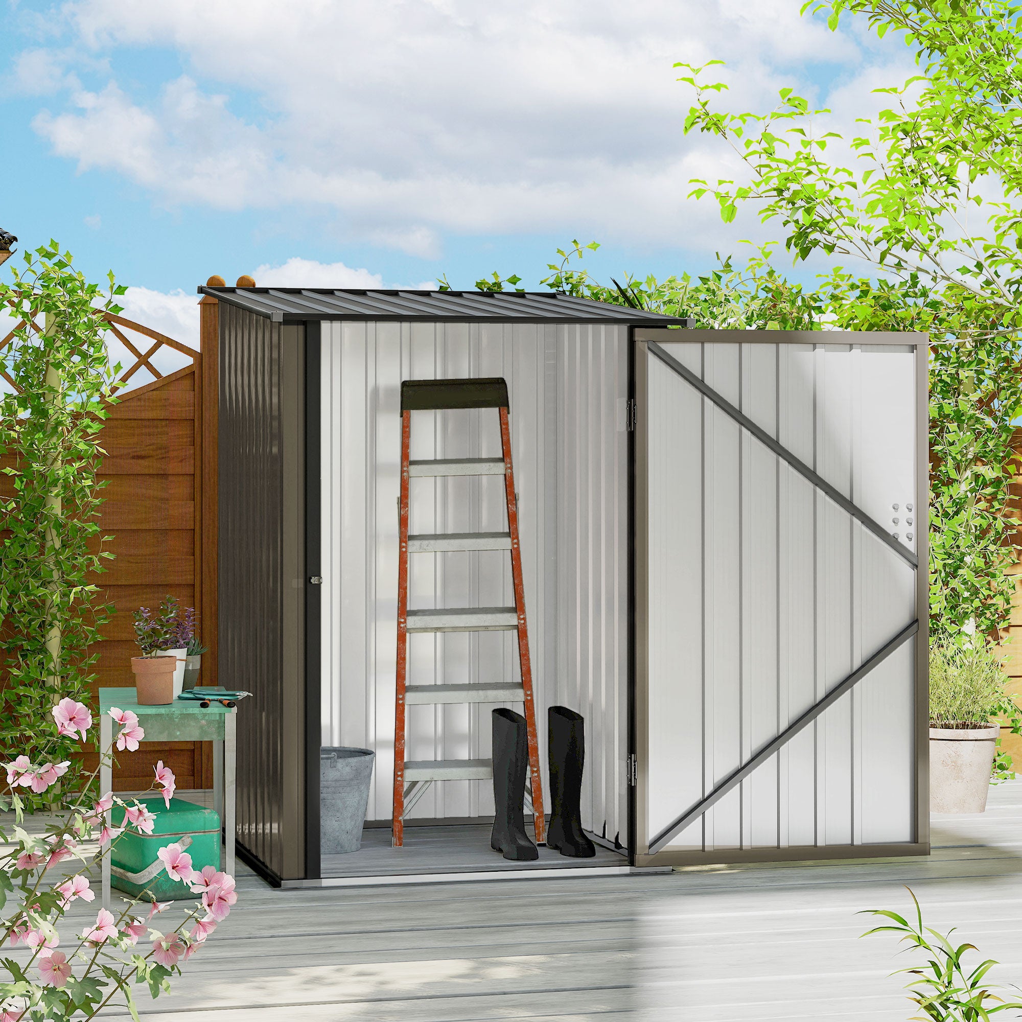 Outdoor 3.3' x 3.4' Lean-to Garden Storage Shed, Galvanized Steel Tool House with Lockable Door for Patio