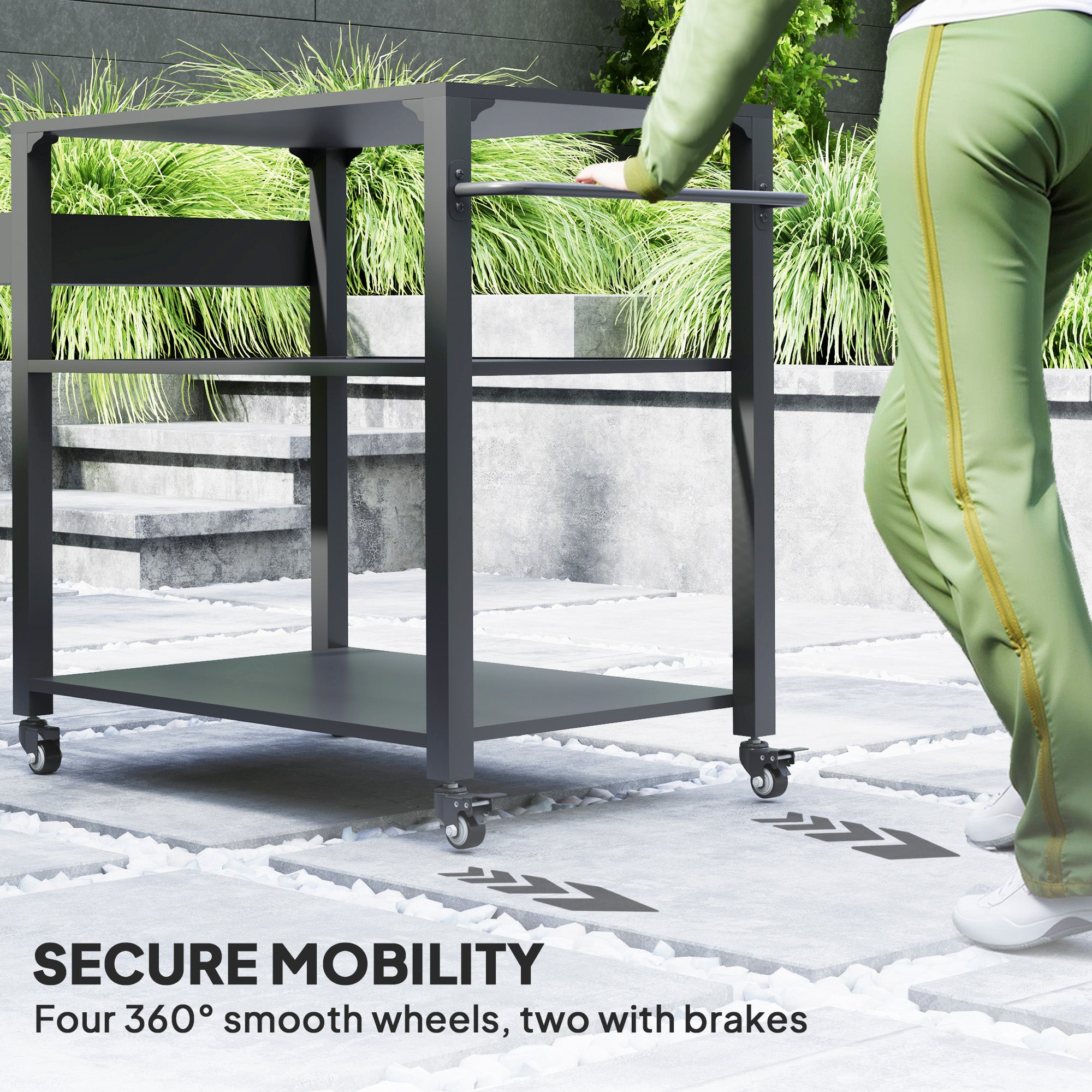 3-Tier Outdoor Grill Cart with Storage Racks, Side Handle, Movable Pizza Oven Table on Wheels