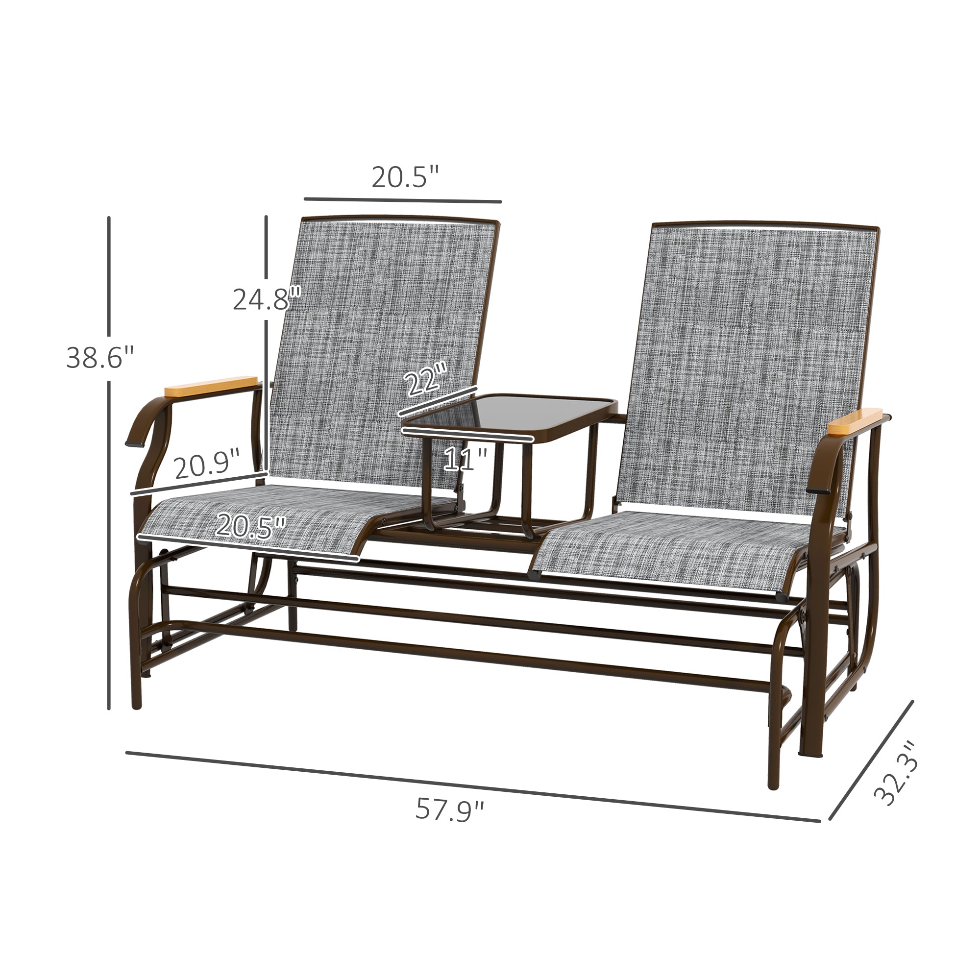 Outdoor 2-Person Glider Bench, Outside Glider Swing Chair Loveseat with Table, Steel Frame