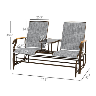 Outdoor 2-Person Glider Bench, Outside Glider Swing Chair Loveseat with Table, Steel Frame