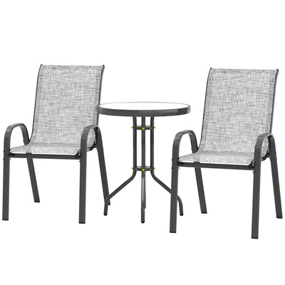 3 Pieces Bistro Set, Small Patio Furniture Set with Stackable Chairs and Glass Table for Backyard, Balcony