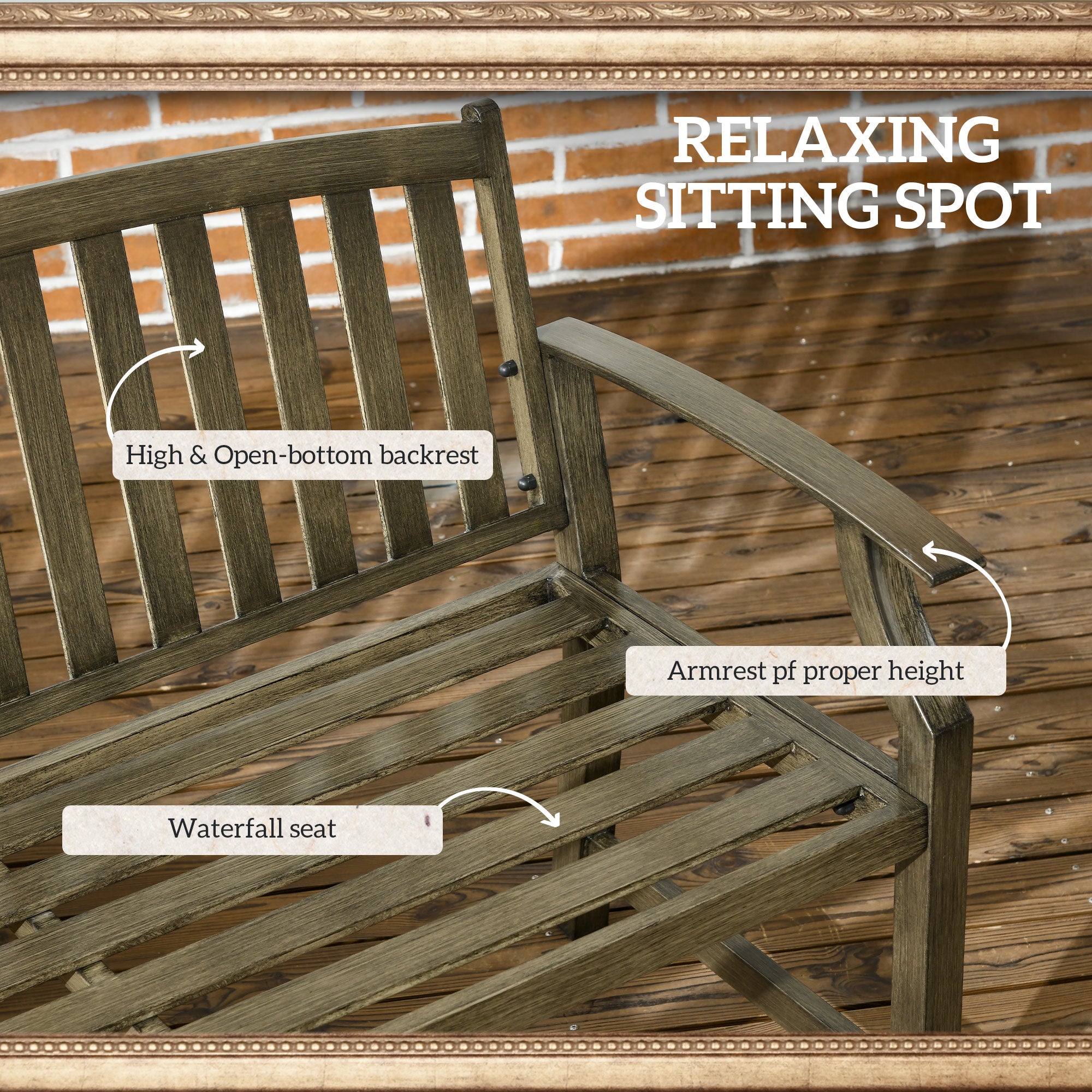 46" Outdoor Garden Bench, Metal Bench, Wood Look Slatted Frame Furniture for Patio, Park, Porch, Lawn, Yard, Deck, Black