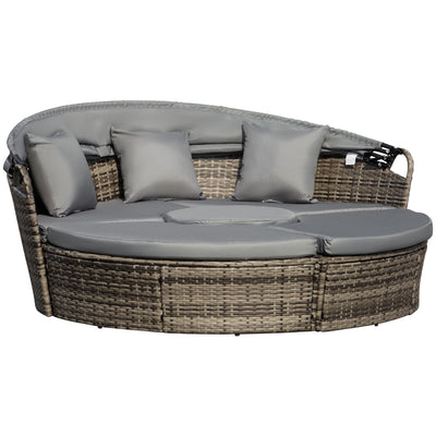 4-Piece Round Convertible Daybed with Cushions, Outdoor PE Rattan Patio Wicker Sofa Set, Sunbed with Adjustable Sun Canopy, Sectional Sofa, 2 Chairs, Table, 3 Pillows