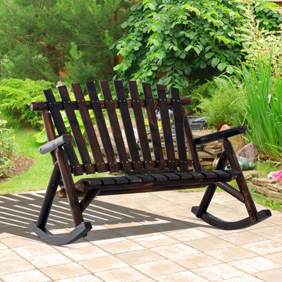 Wooden Porch Rocking Chair, Wood Double Adirondack, Rocker for Indoor or Outdoor with High Rise Slatted Back, Carbonized