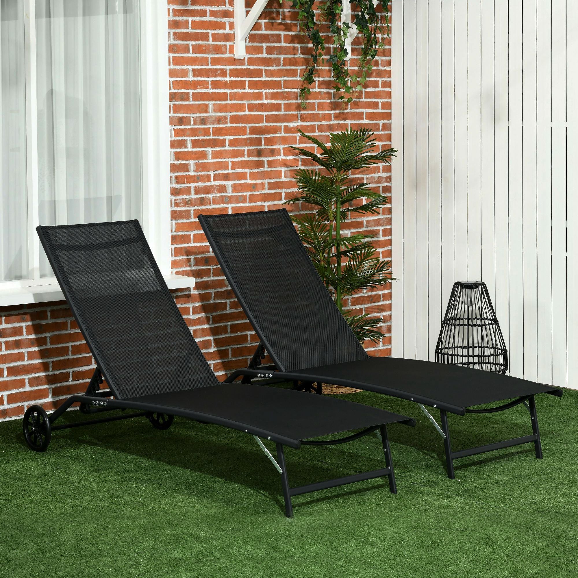 Chaise Lounge Outdoor, 2 Piece Lounge Chair with Wheels, Tanning Chair with 5 Adjustable Positions for Patio, Beach, Yard, Pool