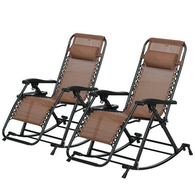 2 Outdoor Rocking Chairs Foldable Reclining Zero Gravity Lounge Rockers w/ Pillow Cup & Phone Holder, Brown
