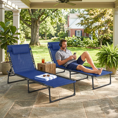 2 Folding Chaise Lounge Pool Chairs with 4-Position Reclining Back, Pillow, Breathable Mesh & Bungee Seat