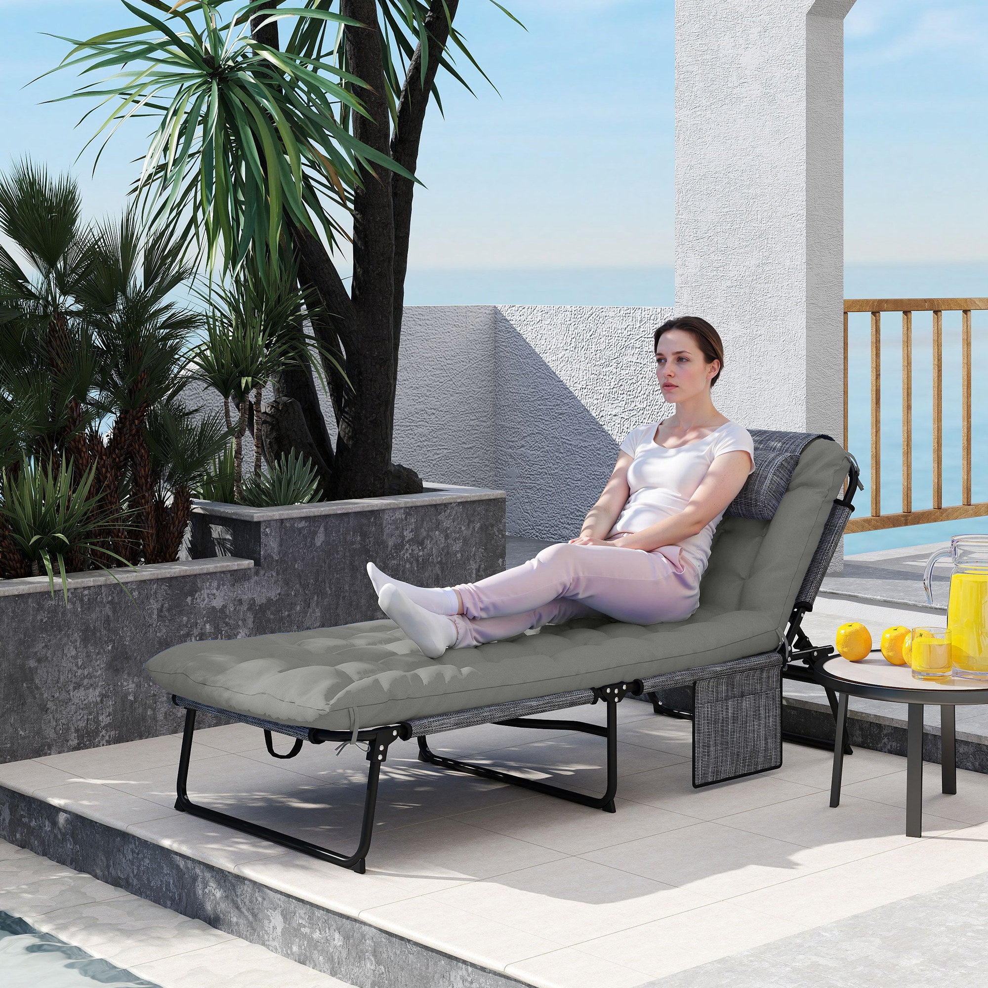Folding Chaise Lounge Pool Chair with 4-level Reclining Back, Cushion, Side Pocket, Headrest