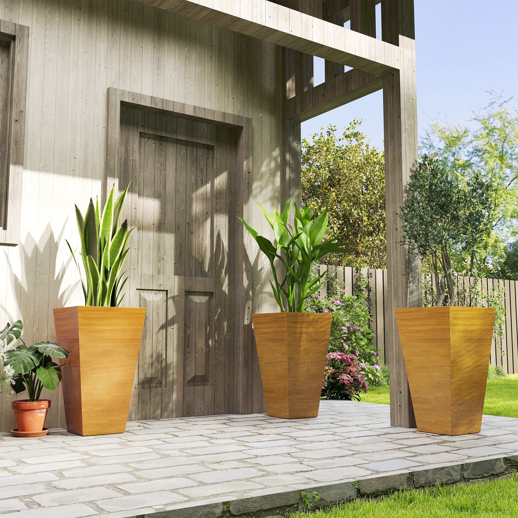 Set of 3 Tall Planters, 28" Outdoor Planter w/ Drainage Holes, Faux Wood Plastic Flower Pots, Light Brown