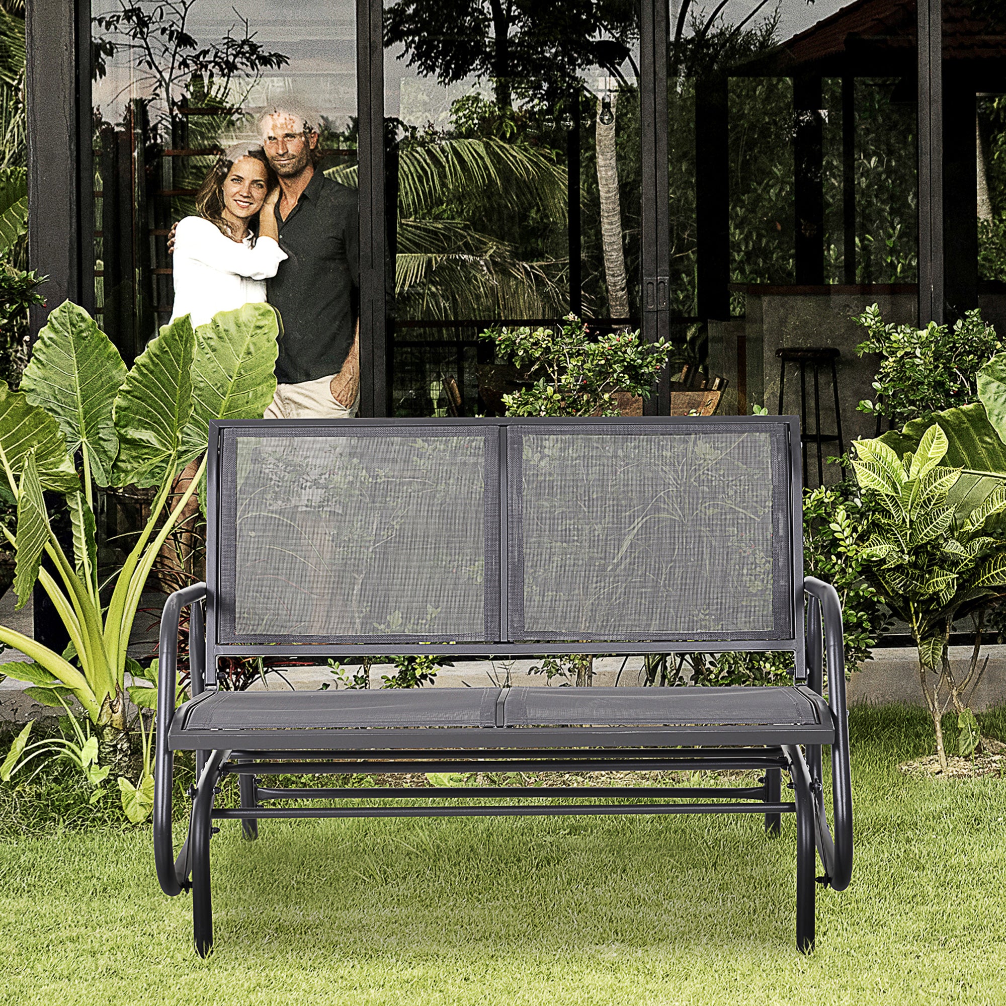 2-Person Outdoor Glider Bench, Patio Double Swing Rocking Chair Loveseat w/Powder Coated Steel Frame for Backyard Garden Porch
