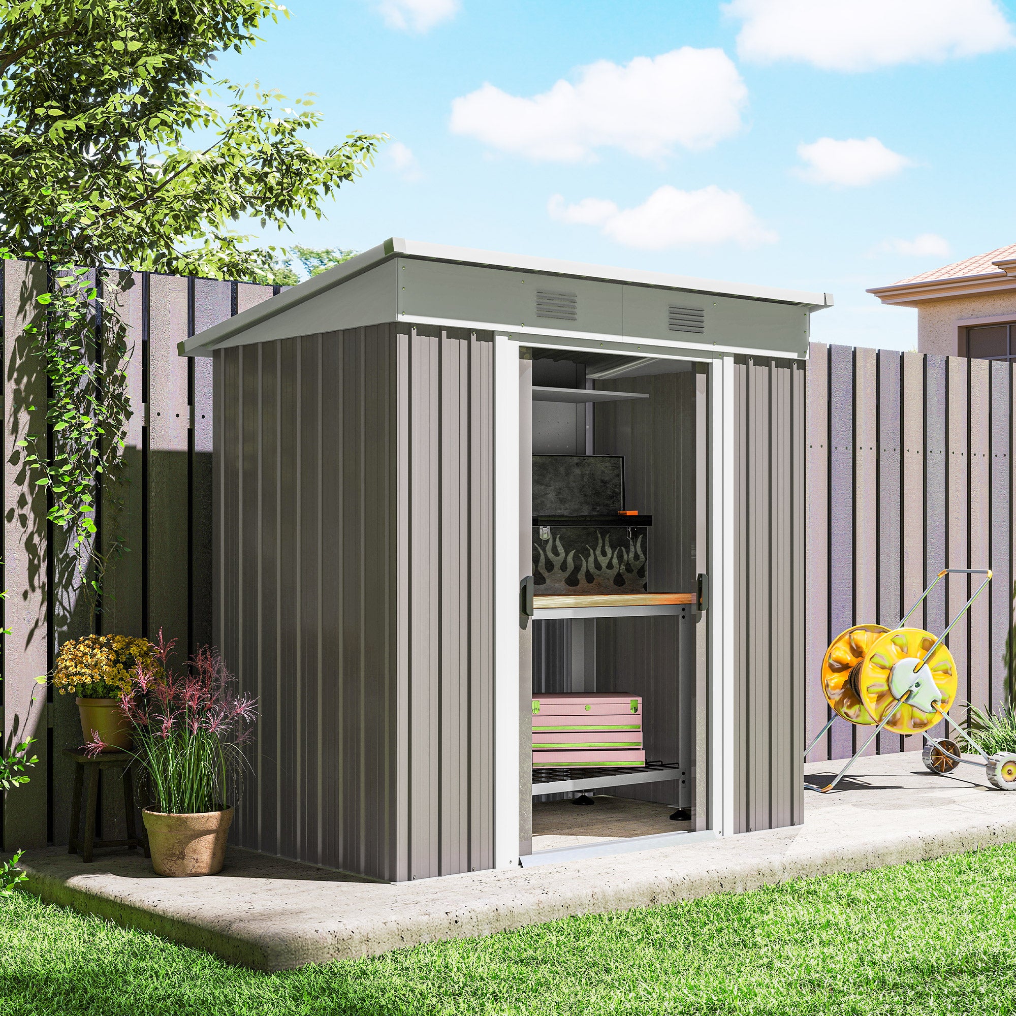 6' x 4' Metal Garden Shed, Backyard Tool Storage Shed with Dual Locking Doors, 2 Air Vents and Steel Frame, Gray