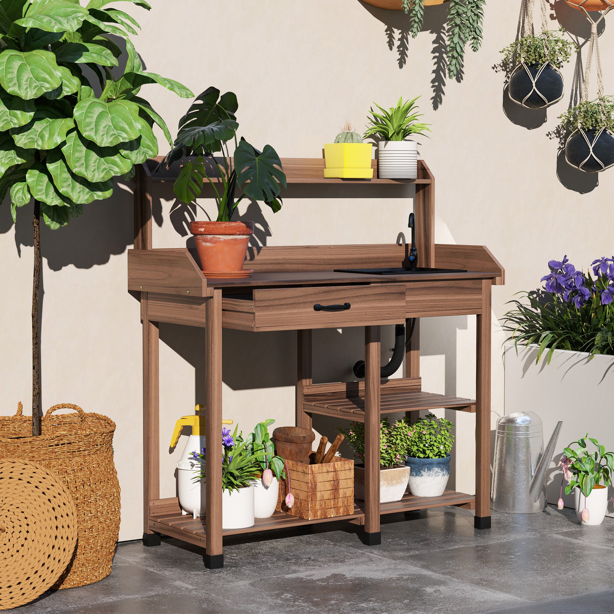 Potting Bench Table, Outdoor Garden Table Wooden Work Station with Removable Sink, Faucet, Drawer, Shelves, Hooks