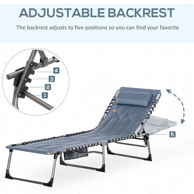 Padded Folding Chaise Lounge Chair, Outdoor 6-Level Reclining Camping Tanning Chair with Headrest for Beach, Yard, Patio, Pool