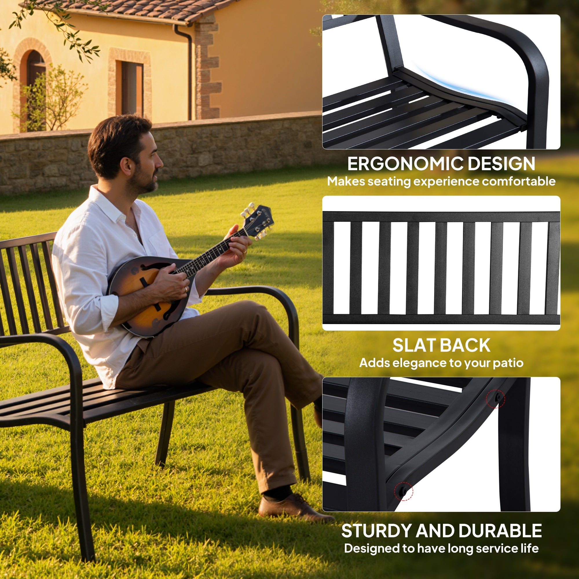 50" Outdoor Garden Bench, Patio Bench with Slatted Seat, Metal Porch Bench for Backyard, Poolside, Lawn, Black