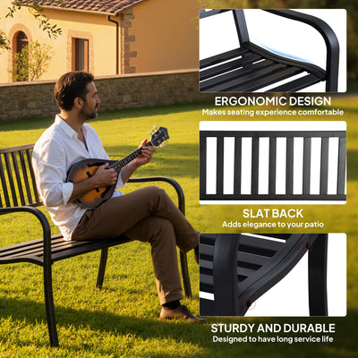 50" Outdoor Garden Bench, Patio Bench with Slatted Seat, Metal Porch Bench for Backyard, Poolside, Lawn, Black