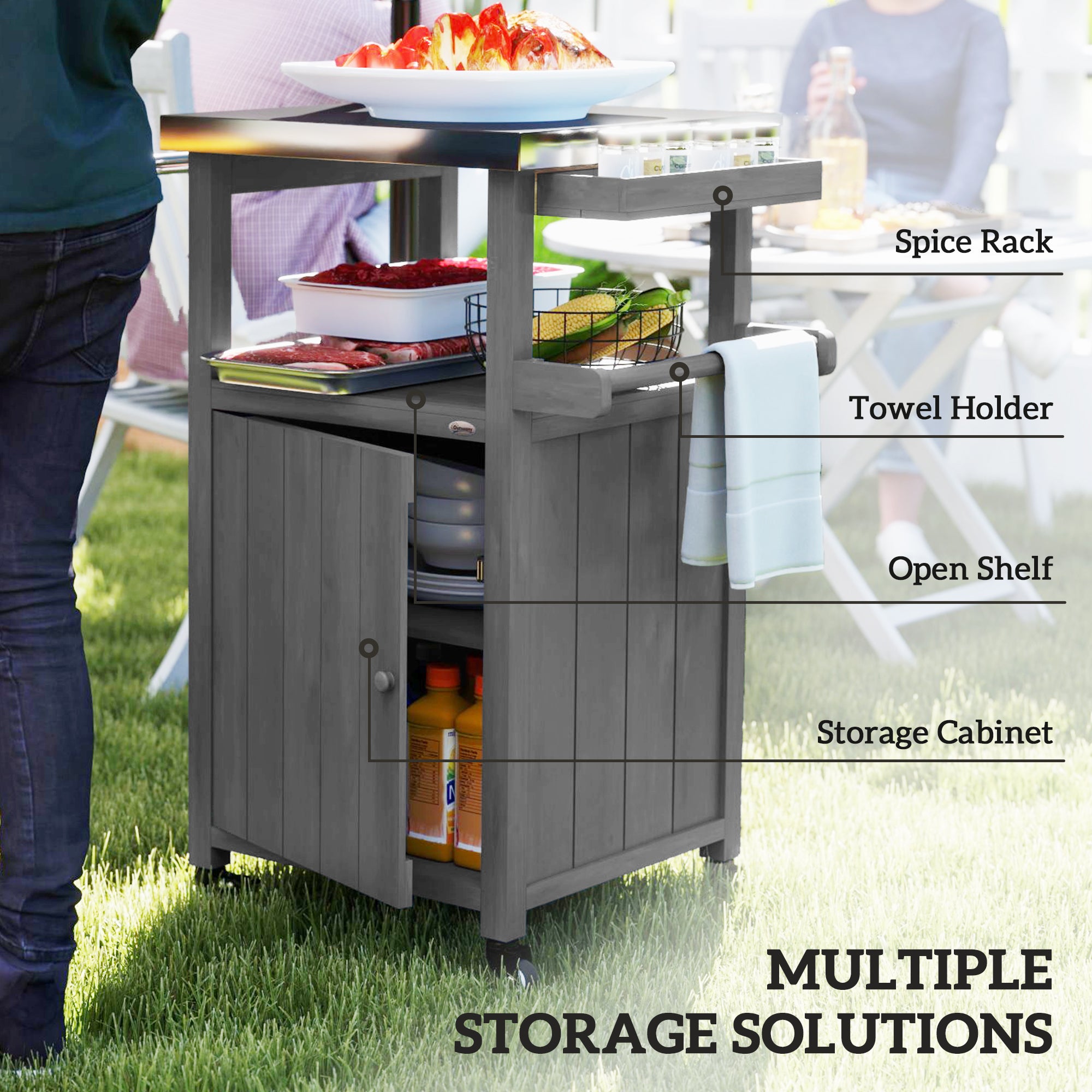 Outdoor Grill Cart w/ Stainless Steel Top, Solid Wood Outdoor Kitchen Island w/ Wheels, Integrated Hole