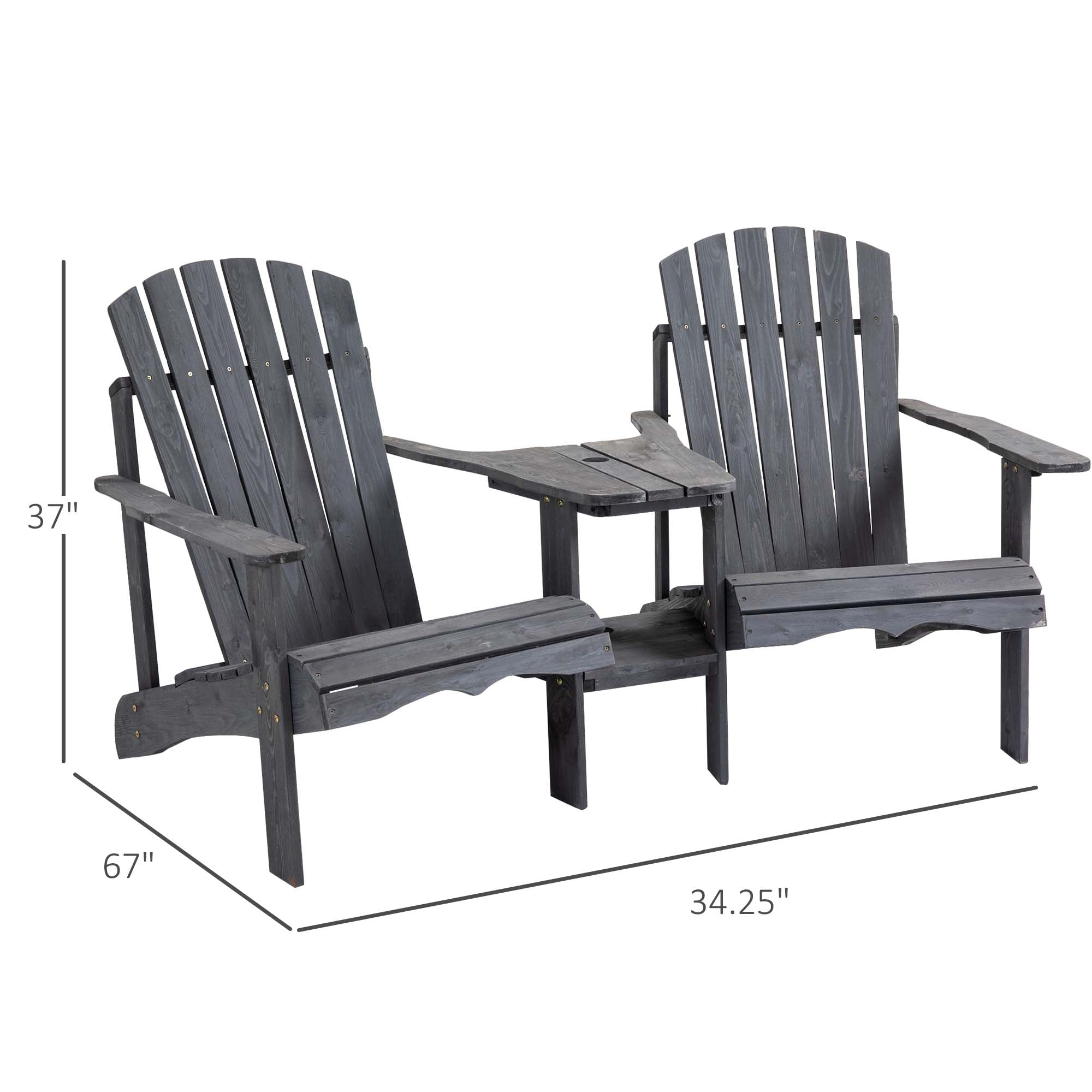 Fire Pit Seating, 2 Wooden Adirondack Chairs with Outdoor Table & Umbrella Hole, Wood 2 Person Adirondack Bench