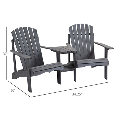 Fire Pit Seating, 2 Wooden Adirondack Chairs with Outdoor Table & Umbrella Hole, Wood 2 Person Adirondack Bench