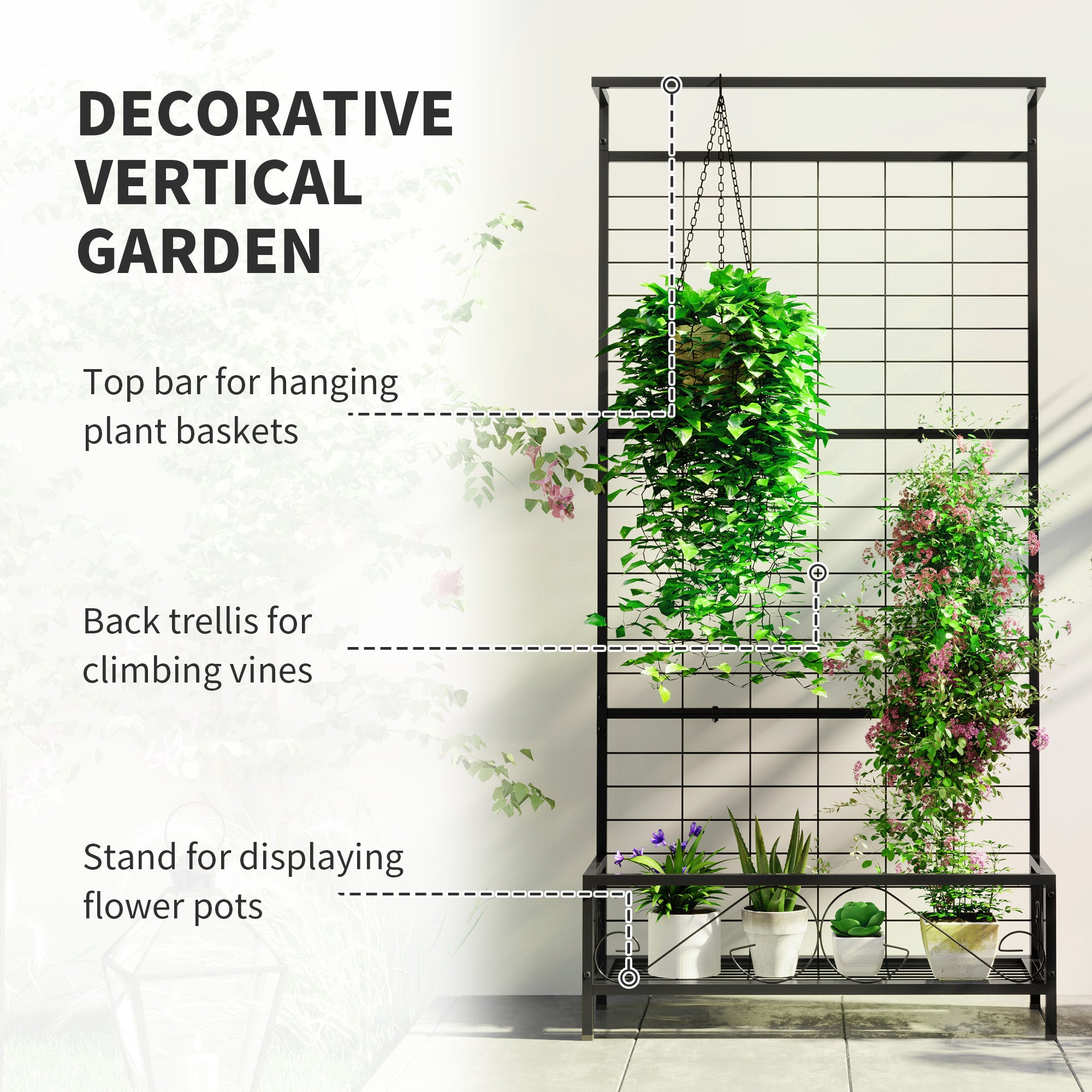 Metal Tall Plant Stand with Trellis and Hanging Bar, Plant Holder for Indoor Outdoor Use, 35" x 12.8" x 74", Black