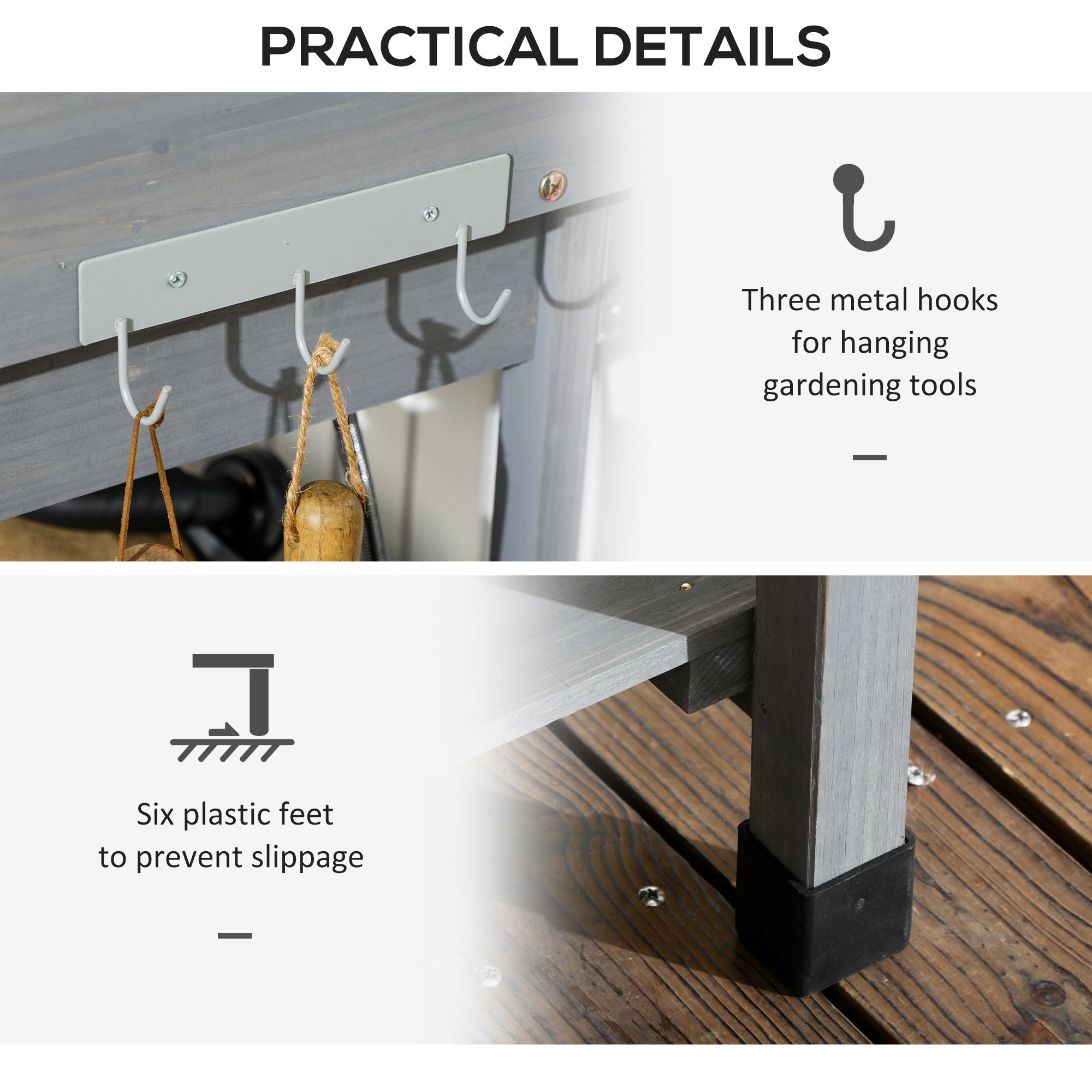 Potting Bench Table, Outdoor Garden Table Wooden Work Station with Removable Sink, Faucet, Drawer, Shelves, Hooks