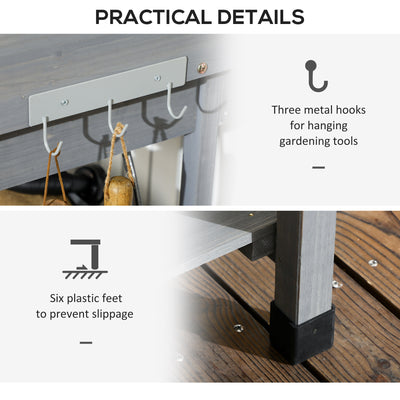 Potting Bench Table, Outdoor Garden Table Wooden Work Station with Removable Sink, Faucet, Drawer, Shelves, Hooks