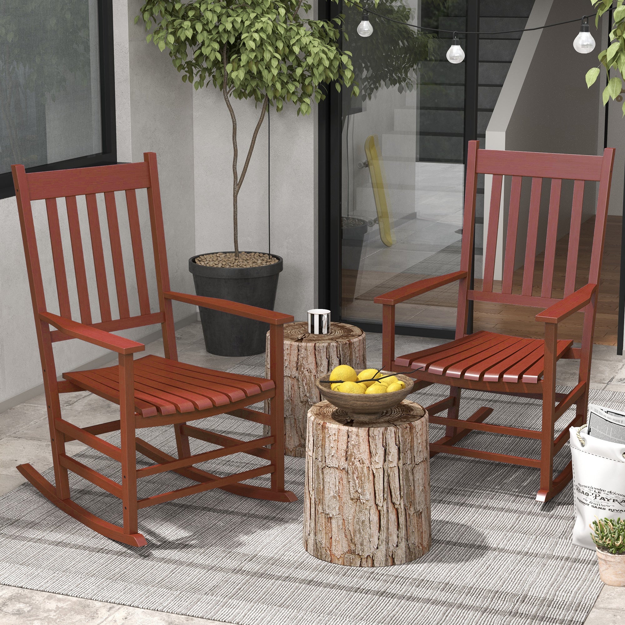 Outdoor Rocking Chair Set of 2, Patio Rocking Chair with Smooth Curves, High Density Wooden Rockers for Lawn Garden Porch, Supports Up to 350lbs
