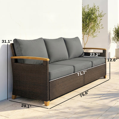 3 Seater Outdoor Couch Sofa, PE Wicker Patio Sofa, Wide Deep Seat, 4" Cushions, Wood-Effect Armrests Legs