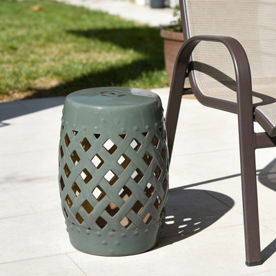 13" x 18" Ceramic Garden Stool with Woven Lattice Design & Glazed Strong Materials Decorative Outdoor Stool
