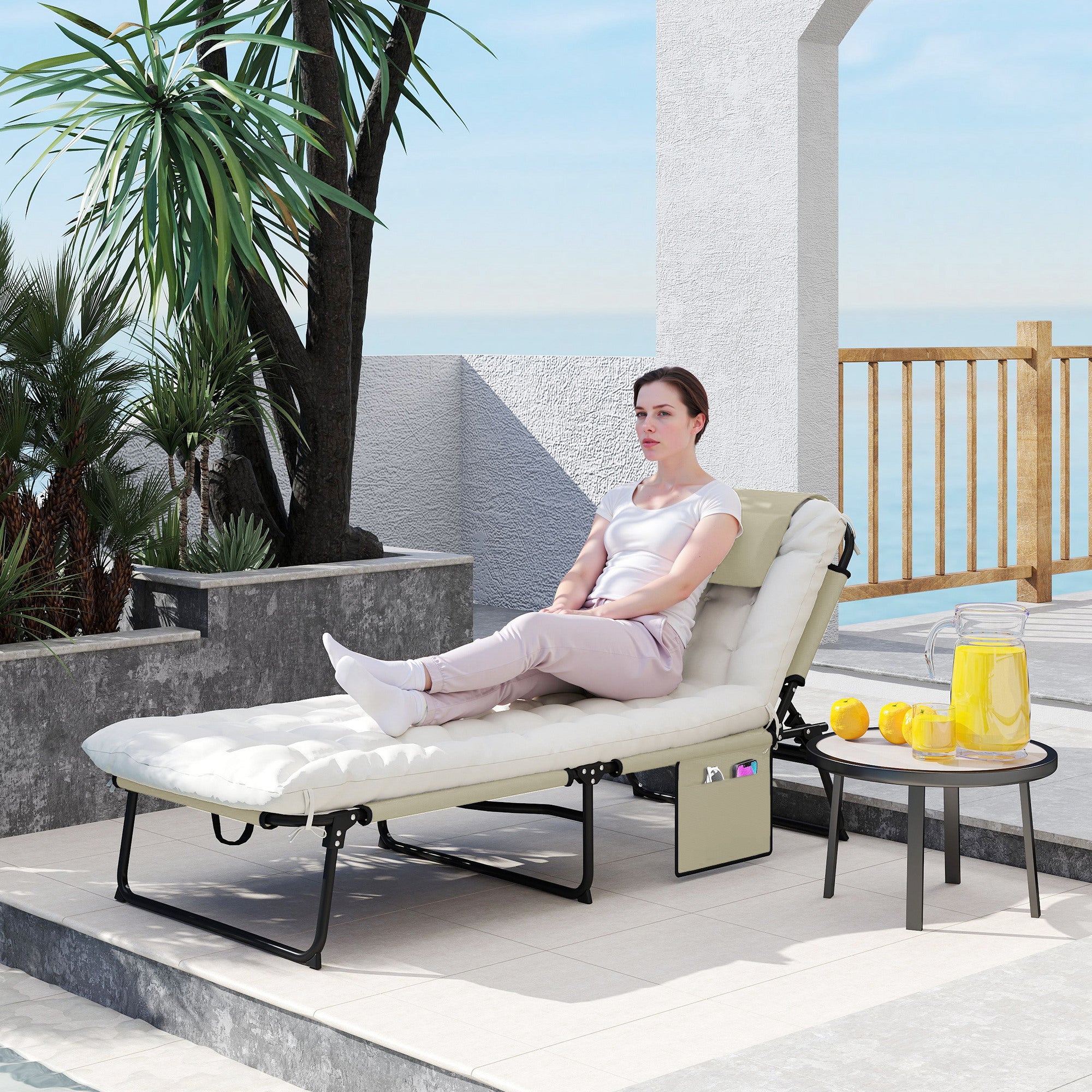 Folding Chaise Lounge Pool Chair with 4-level Reclining Back, Cushion, Side Pocket, Headrest