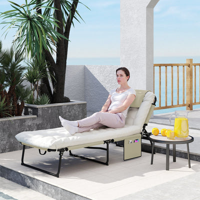 Folding Chaise Lounge Pool Chair with 4-level Reclining Back, Cushion, Side Pocket, Headrest