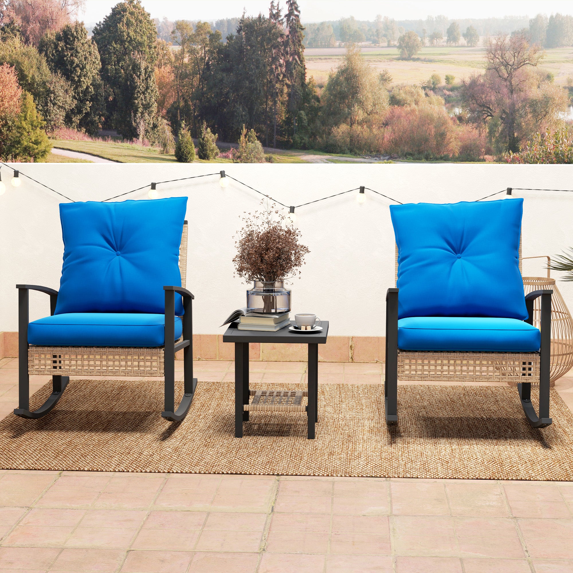 3 Pieces Bistro Set, Patio Wicker Furniture Set with Button Tufted Cushions, Rattan Rocking Chairs, Coffee Table