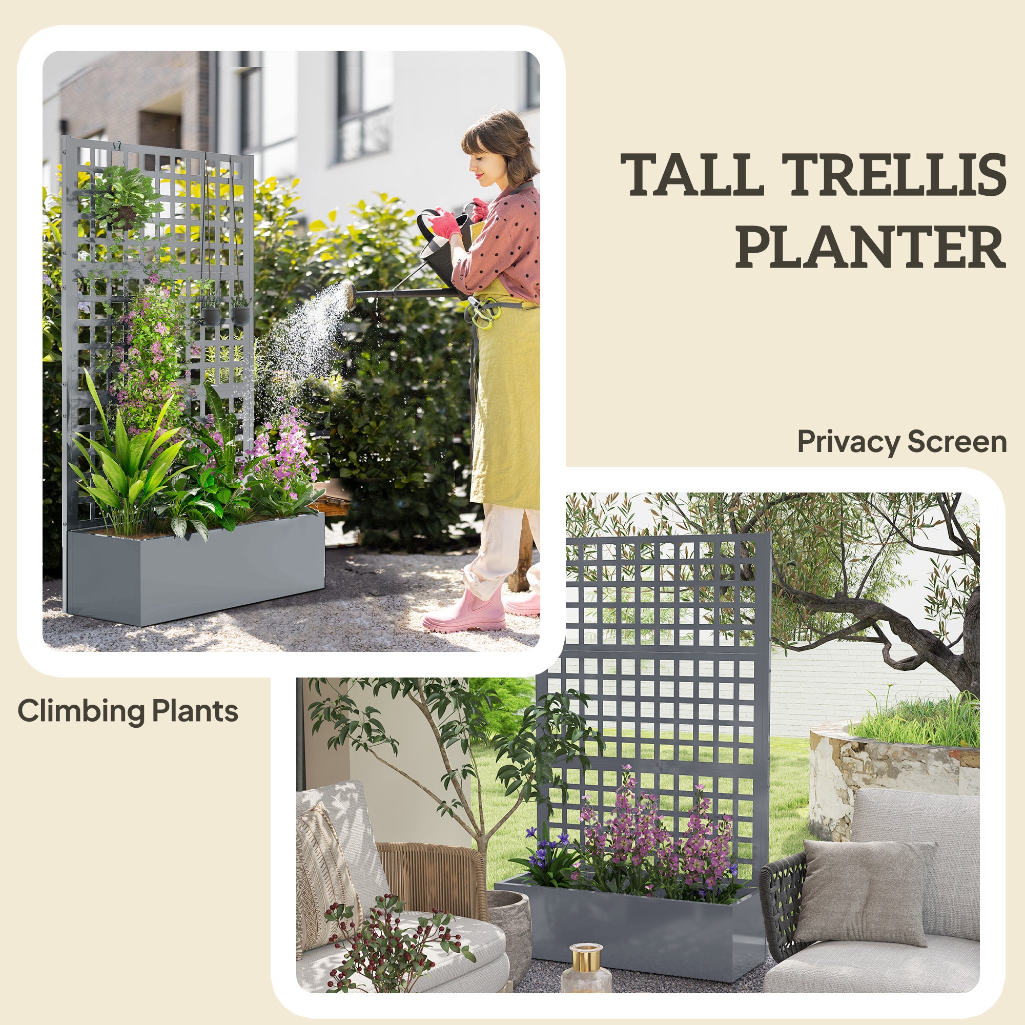 Galvanized Raised Garden Bed Planter Box with Trellis for Climbing Plants, Vegetable, Vines, 43" x 16" x 70"