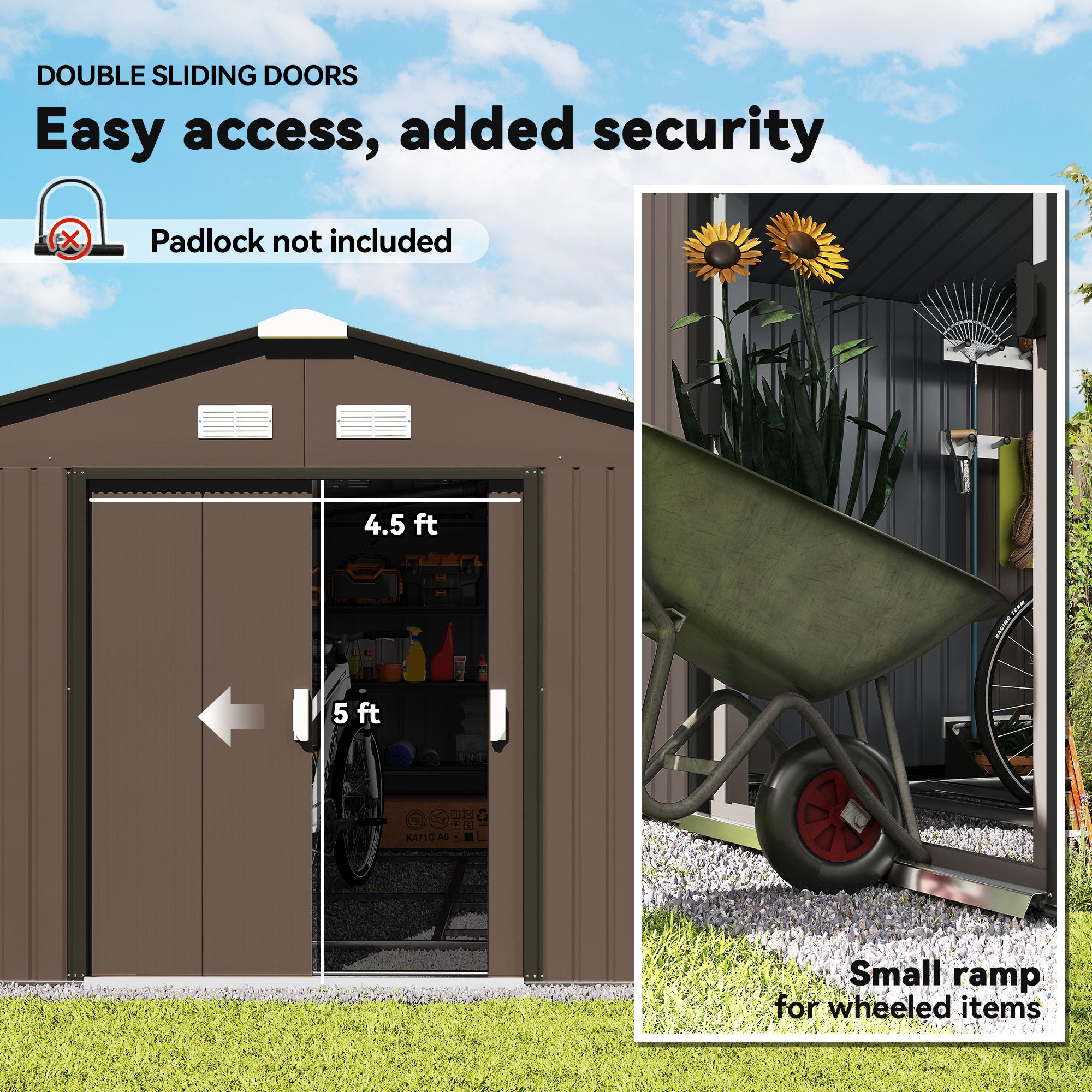 Garden Metal Shed, Storage Shed Utility Storage with Double Locking Doors for Bike, Yard Tools