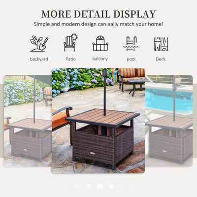 22" Outdoor Side Table with Umbrella Hole, Rattan Wicker End Table with Sand Bag and Steel Frame for Patio, Garden, Backyard