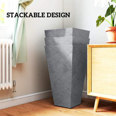 28" Tall Planters, Set of 3 Plastic Flower Pots with Marble Finish and Drainage Holes, Stackable Taper Planters
