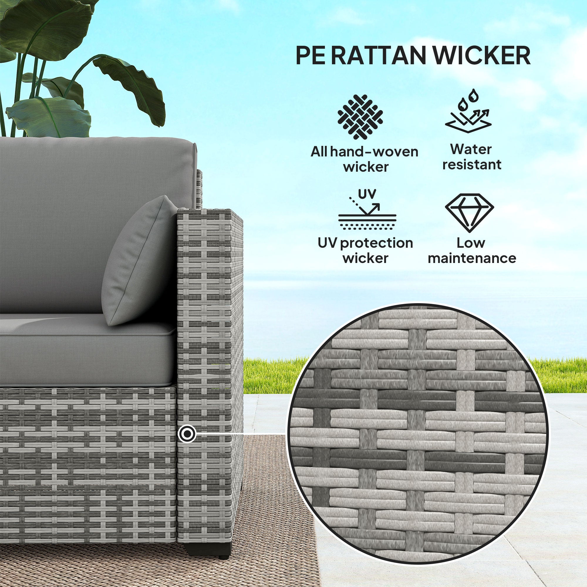 Patio Couch PE Wicker Deep Seating Outdoor Sofa with Removable Cushions, 3 Seater Rattan Sofa, Outdoor Furniture for Balcony, Deck, Garden and Poolside