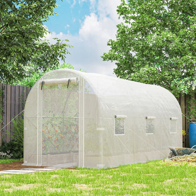 Hoop House Greenhouse, Walk-in Tunnel Greenhouse with 2 Support Rods, Zippered Roll-up Mesh Door, 14.6'x6.5'x6.6'