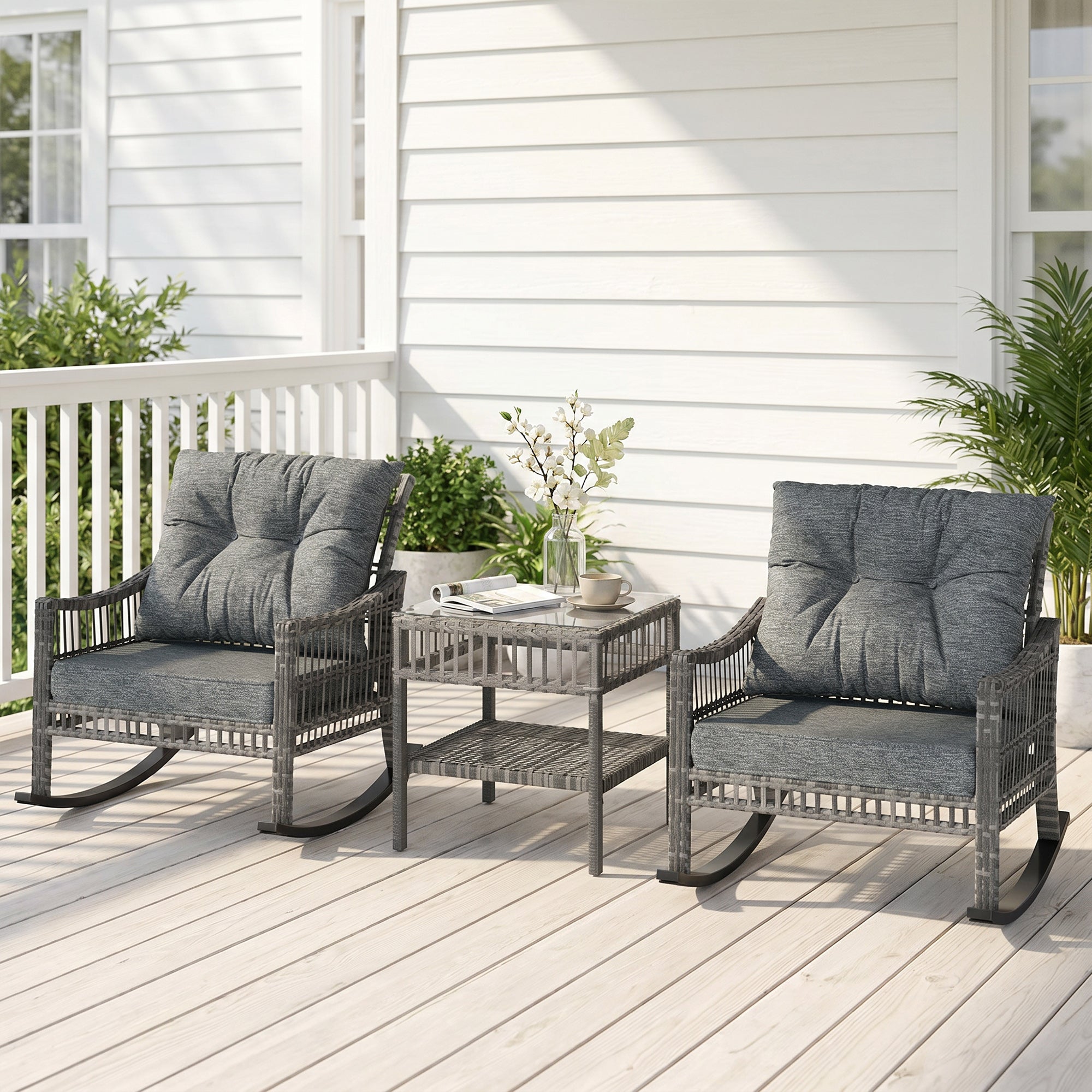 3 Piece Outdoor PE Rattan Rocker Chair Set, Rocking Chair with Tempered Glass Table Top