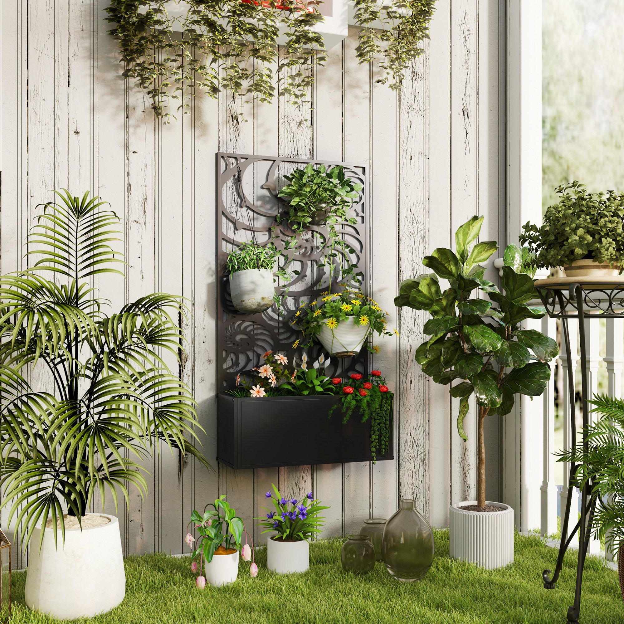 Metal Garden Bed with Trellis for Climbing Plants, Freestanding or Wall Mounted Flower Bed for Garden, Patio, Balcony