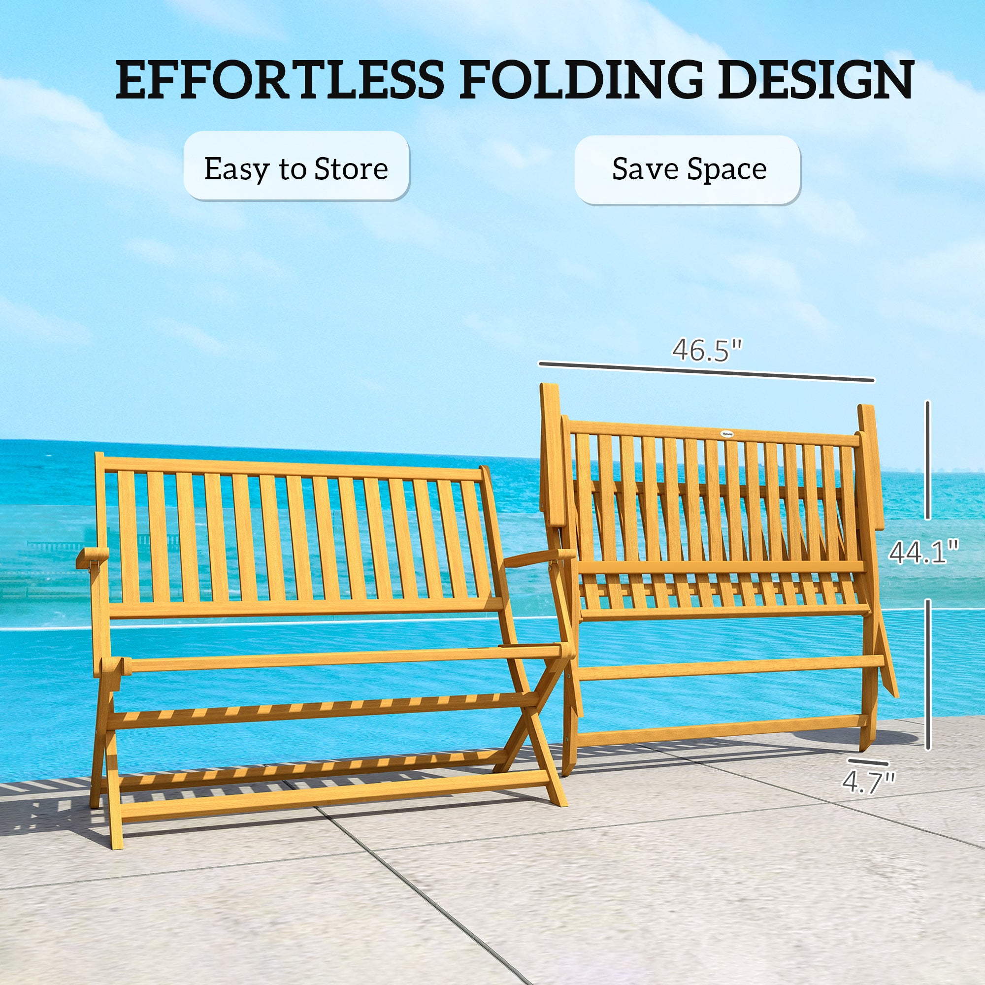 2-Person Foldable Wood Outdoor Bench with Backrest and Armrests for Garden, Porch, Park, Balcony