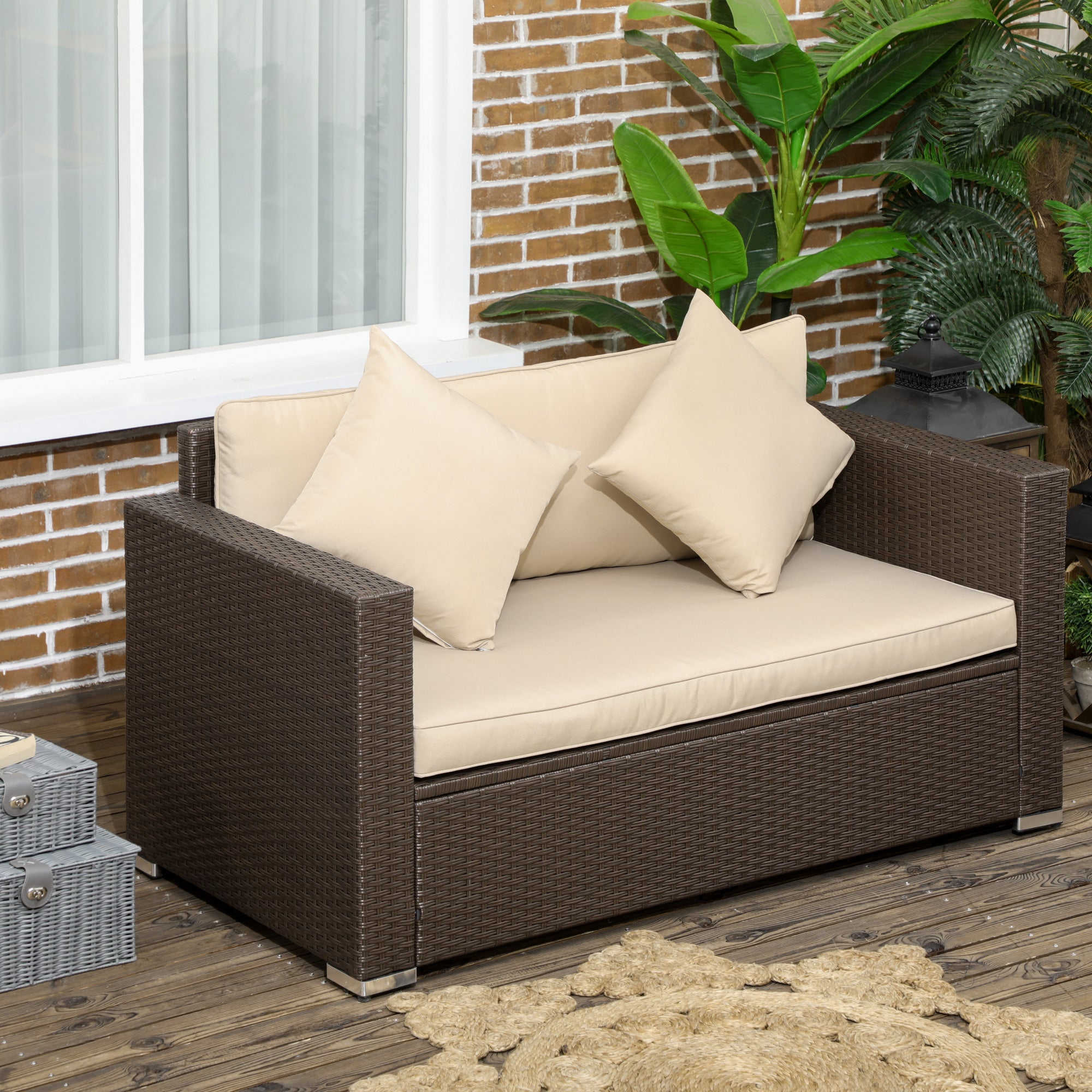 Outdoor Wicker Loveseat, Patio Furniture Couch with Cushions, 2 Seats PE Rattan Sofa, 2 Throw Pillows
