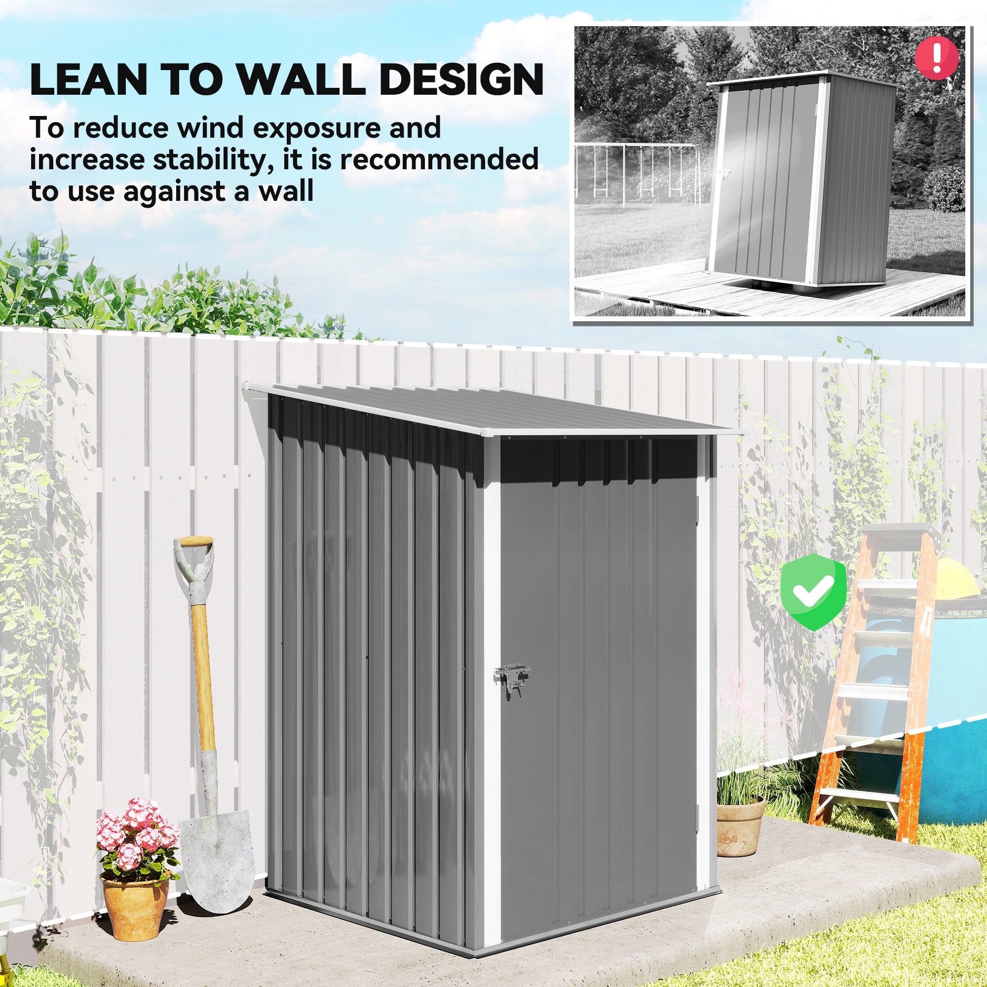 Outdoor 3.3' x 3.4' Lean-to Garden Storage Shed, Galvanized Steel Tool House with Lockable Door for Patio