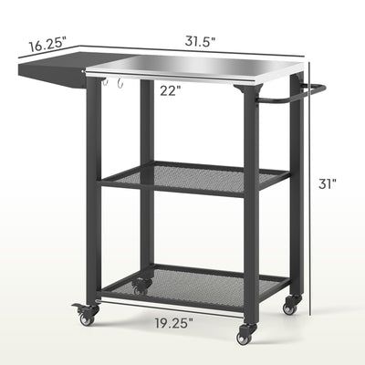 Three-Shelf Outdoor Grill Cart Table with Foldable Side Table, Stainless Steel Top Pizza Oven Stand with Hooks, Silver