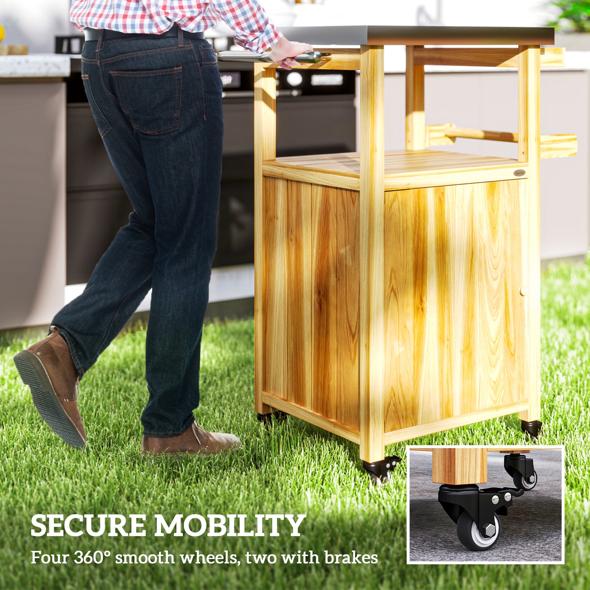 Outdoor Grill Cart w/ Stainless Steel Top, Solid Wood Outdoor Kitchen Island w/ Wheels, Integrated Hole